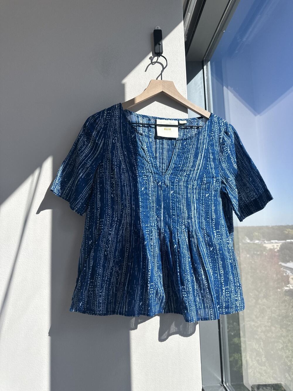 Anthropologie Maeve Orchid Island Blue Peplum Hem Top 100% Cotton Sz 6